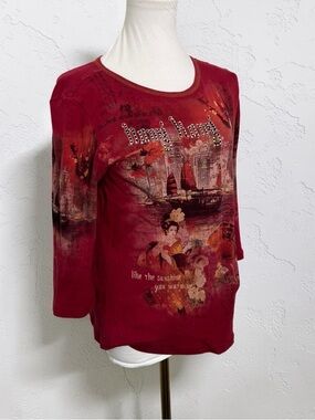 Vintage Red Graphic Top Hong Kong Geisha Y2K Art Tee Aesthetic S